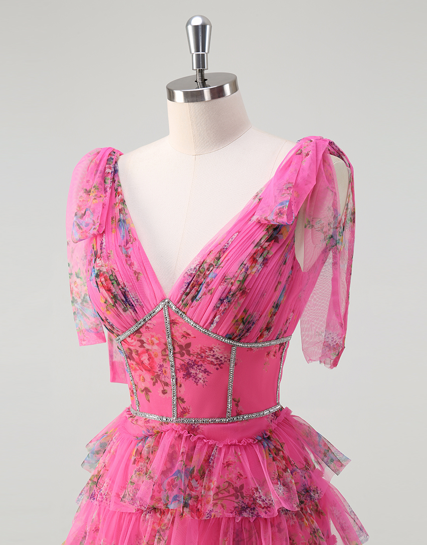 Sparkly Fuchsia A-Line Floral V Neck Ruffles Tulle Long Prom Dress with Slit