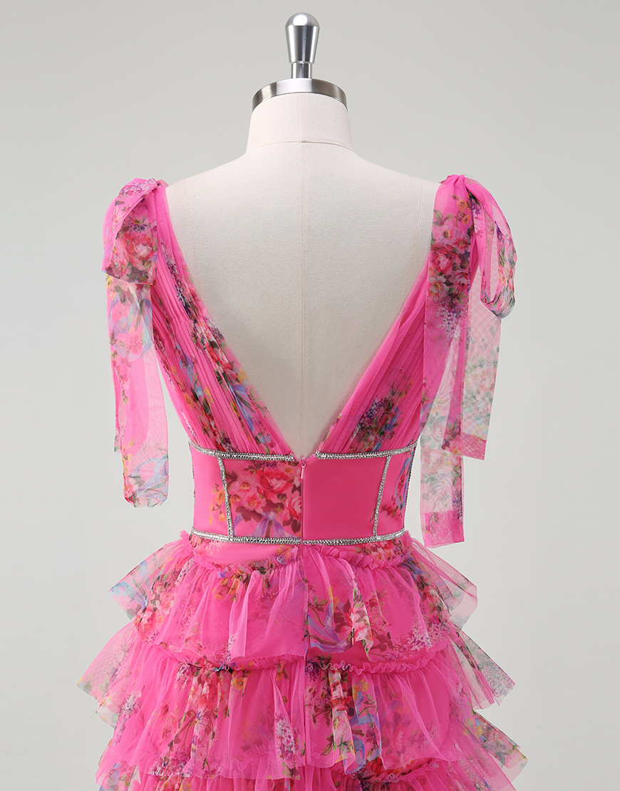 Sparkly Fuchsia A-Line Floral V Neck Ruffles Tulle Long Prom Dress with Slit