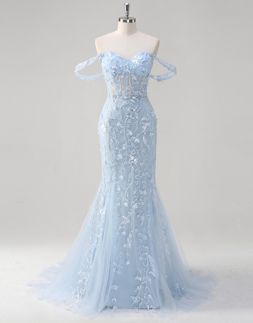 Sparkly Blue Mermaid Off the Shoulder Flowers Corset Tulle Long Prom Dress
