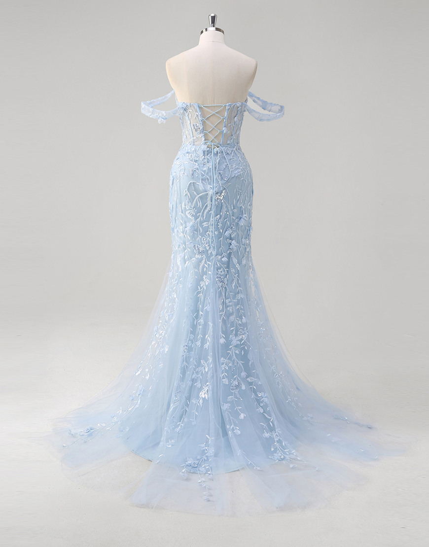 Sparkly Blue Mermaid Off the Shoulder Flowers Corset Tulle Long Prom Dress