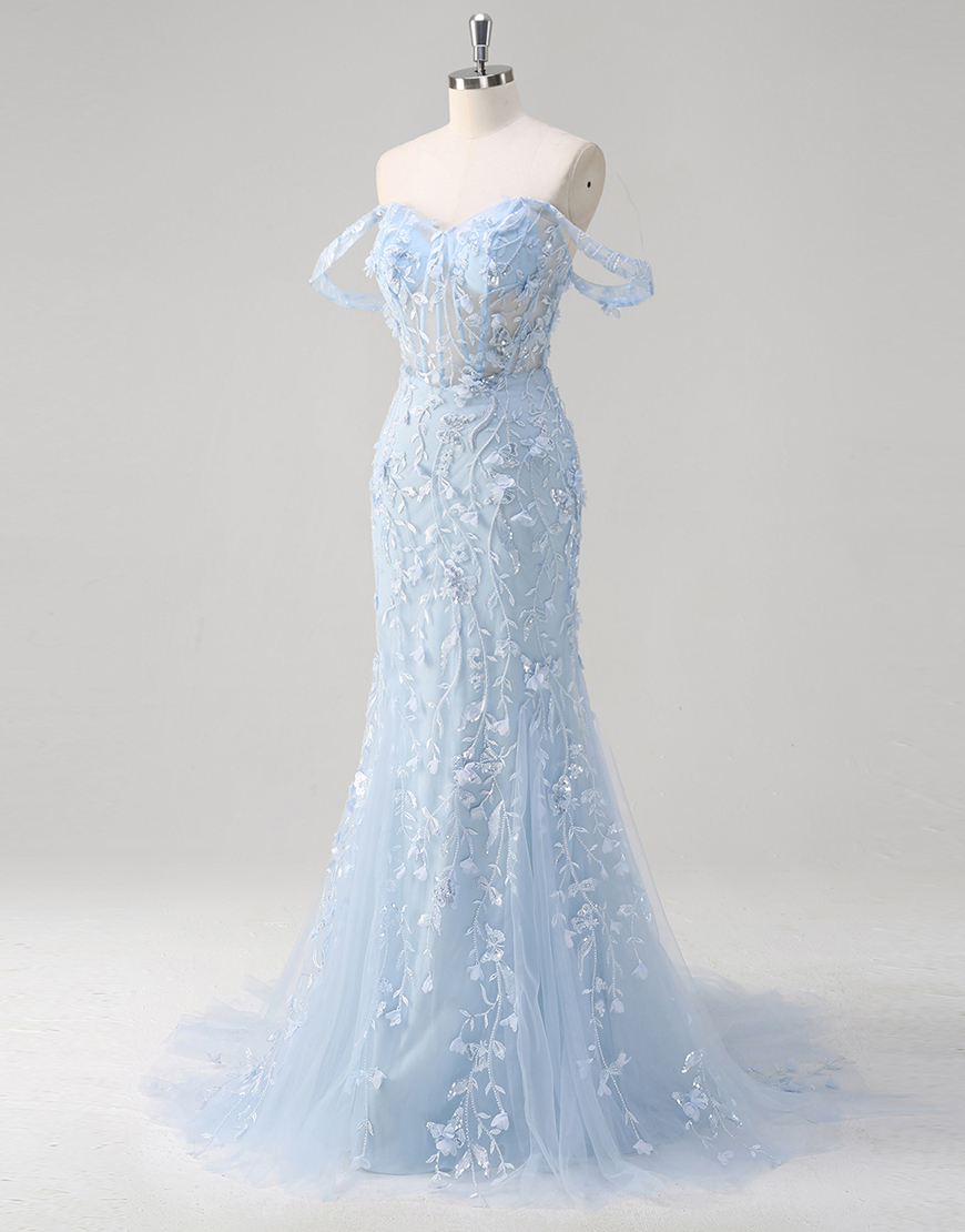Sparkly Blue Mermaid Off the Shoulder Flowers Corset Tulle Long Prom Dress