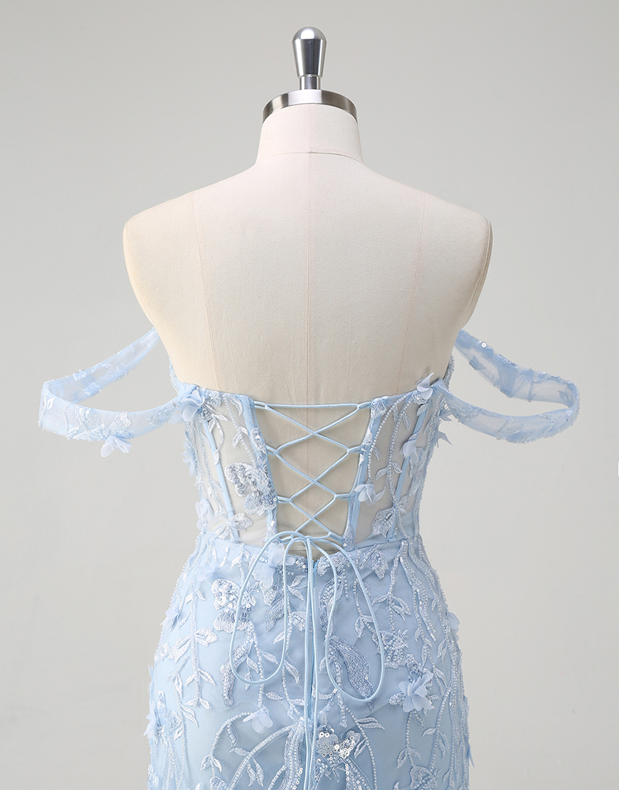 Sparkly Blue Mermaid Off the Shoulder Flowers Corset Tulle Long Prom Dress