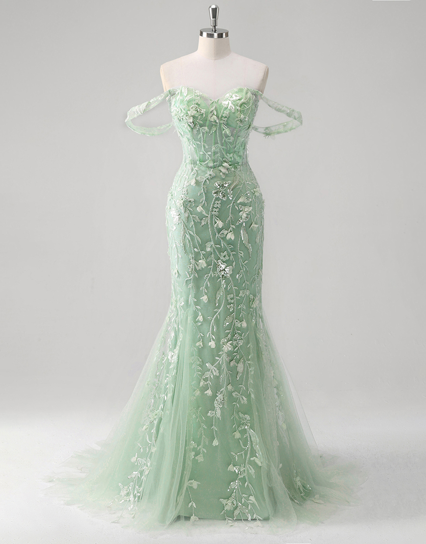 Sparkly Blue Mermaid Off the Shoulder Flowers Corset Tulle Long Prom Dress