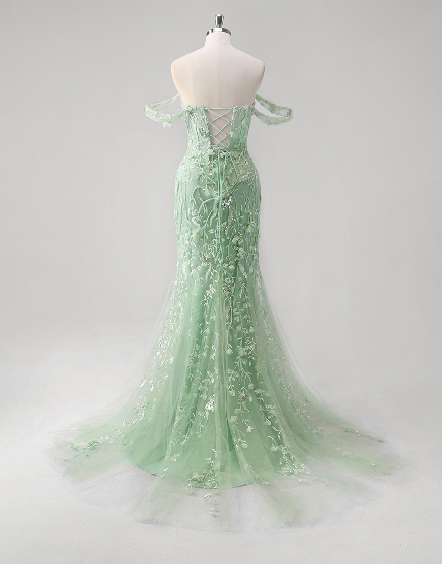 Sparkly Blue Mermaid Off the Shoulder Flowers Corset Tulle Long Prom Dress