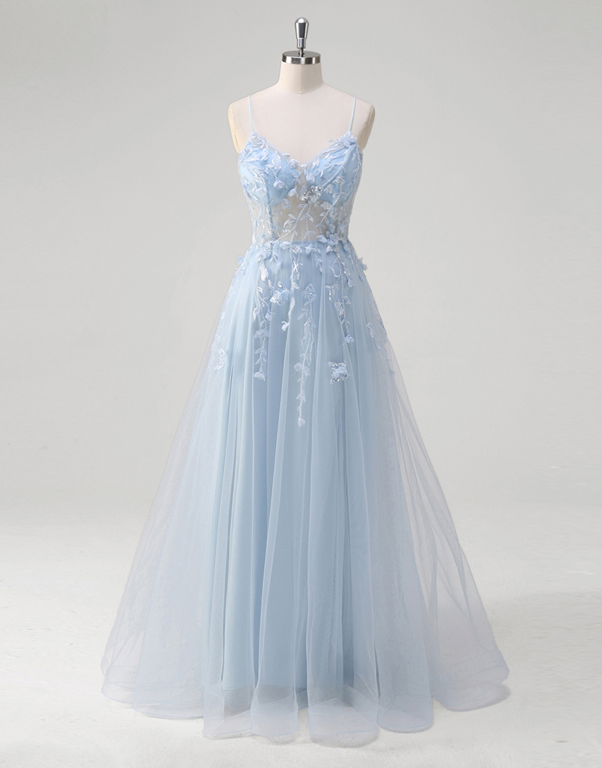 Sparkly Blue A-Line Spaghetti Straps Corset Flowers Tulle Long Prom Dress