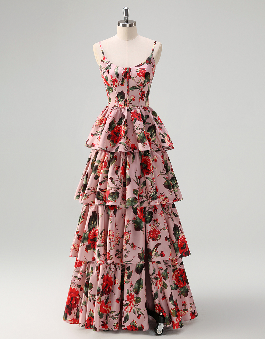 Grey Pink A-Line Floral Corset Tiered Spaghetti Straps Long Prom Dress with Slit