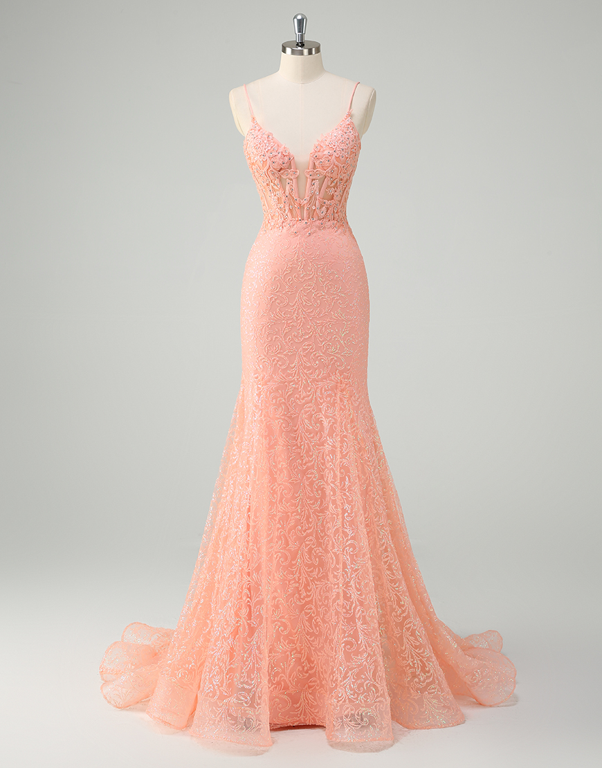 Sparkly Orange Mermaid Spaghetti Straps Sequined Appliques Long Prom Dress