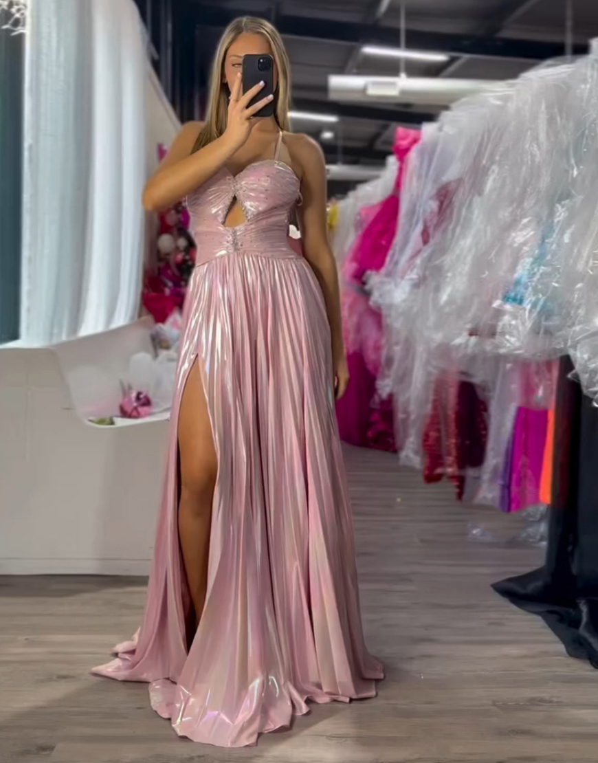 Metallic Blush A-Line Spaghetti Straps Beaded Ruched Hollow Out Long Prom Dress with Slit