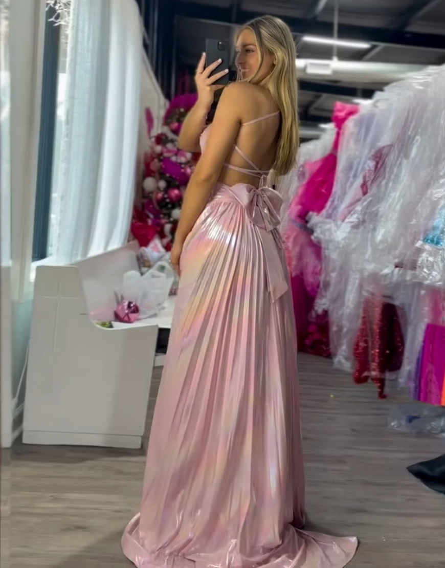 Metallic Blush A-Line Spaghetti Straps Beaded Ruched Hollow Out Long Prom Dress with Slit