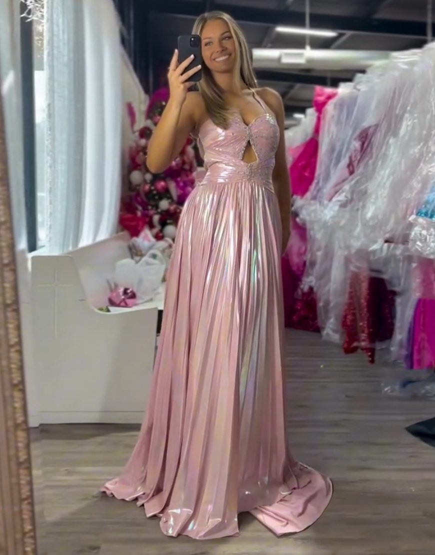 Metallic Blush A-Line Spaghetti Straps Beaded Ruched Hollow Out Long Prom Dress with Slit