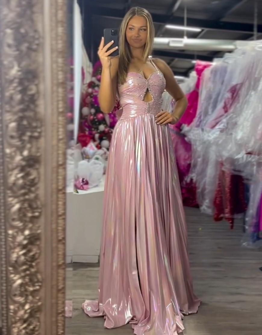 Metallic Blush A-Line Spaghetti Straps Beaded Ruched Hollow Out Long Prom Dress with Slit