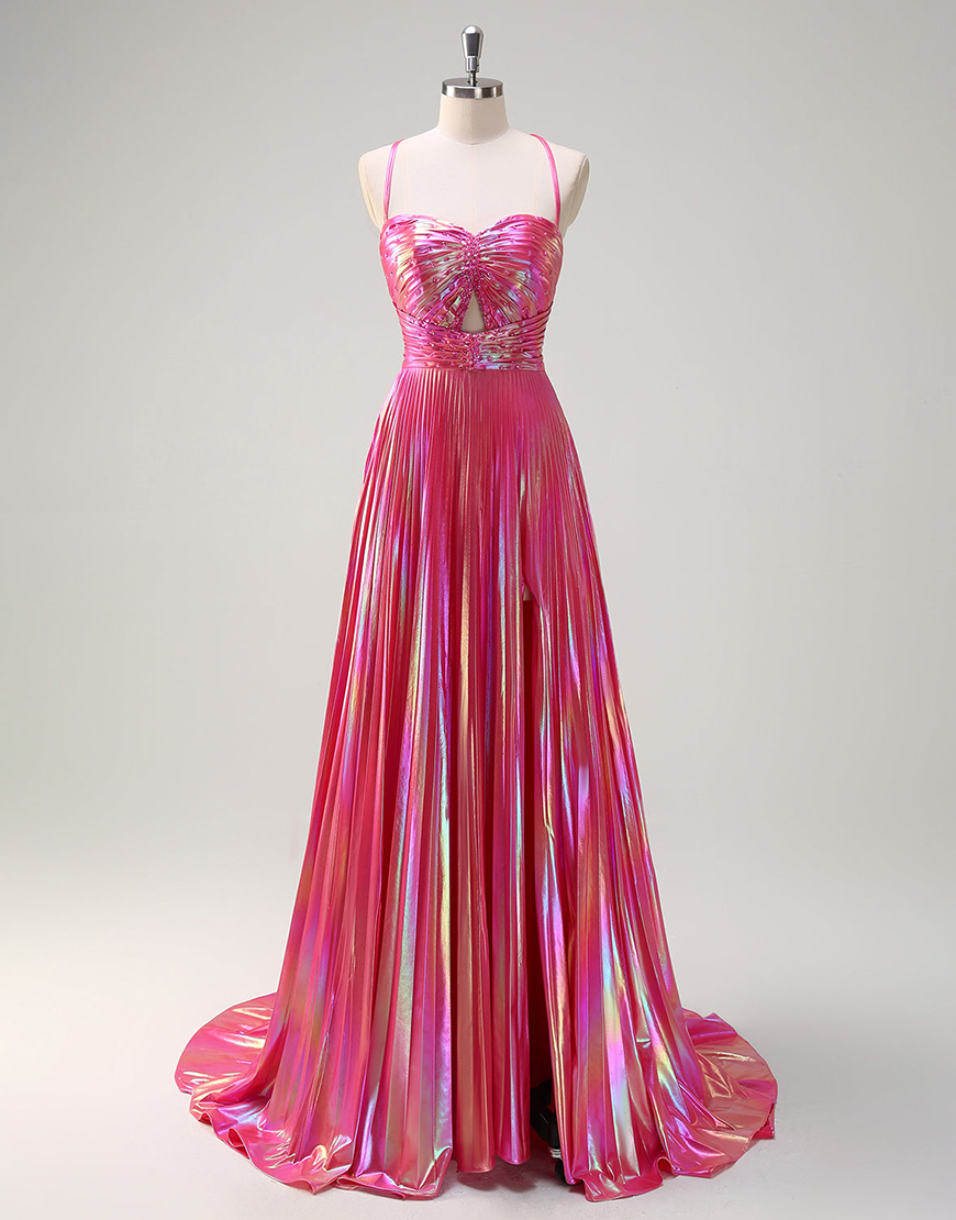 Metallic Blush A-Line Spaghetti Straps Beaded Ruched Hollow Out Long Prom Dress with Slit