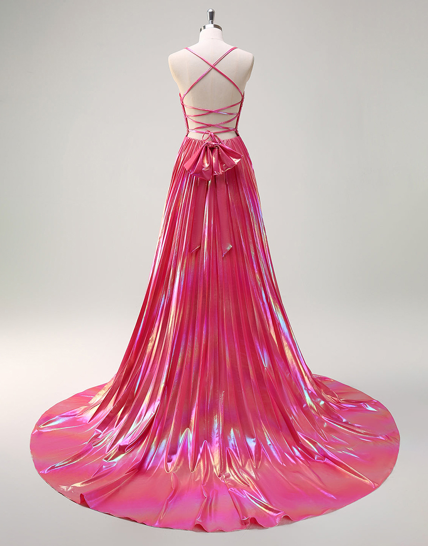 Metallic Blush A-Line Spaghetti Straps Beaded Ruched Hollow Out Long Prom Dress with Slit