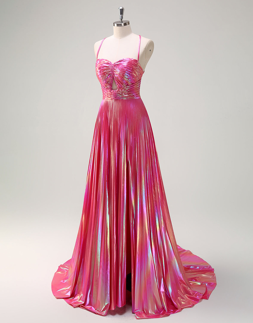 Metallic Blush A-Line Spaghetti Straps Beaded Ruched Hollow Out Long Prom Dress with Slit