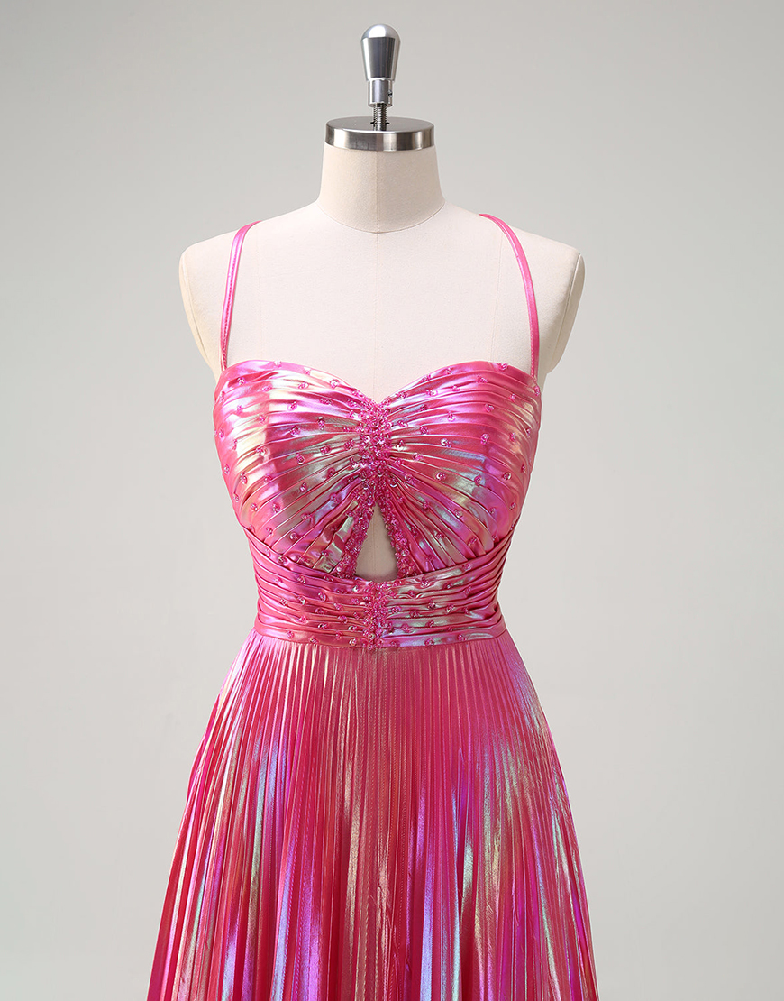 Metallic Blush A-Line Spaghetti Straps Beaded Ruched Hollow Out Long Prom Dress with Slit