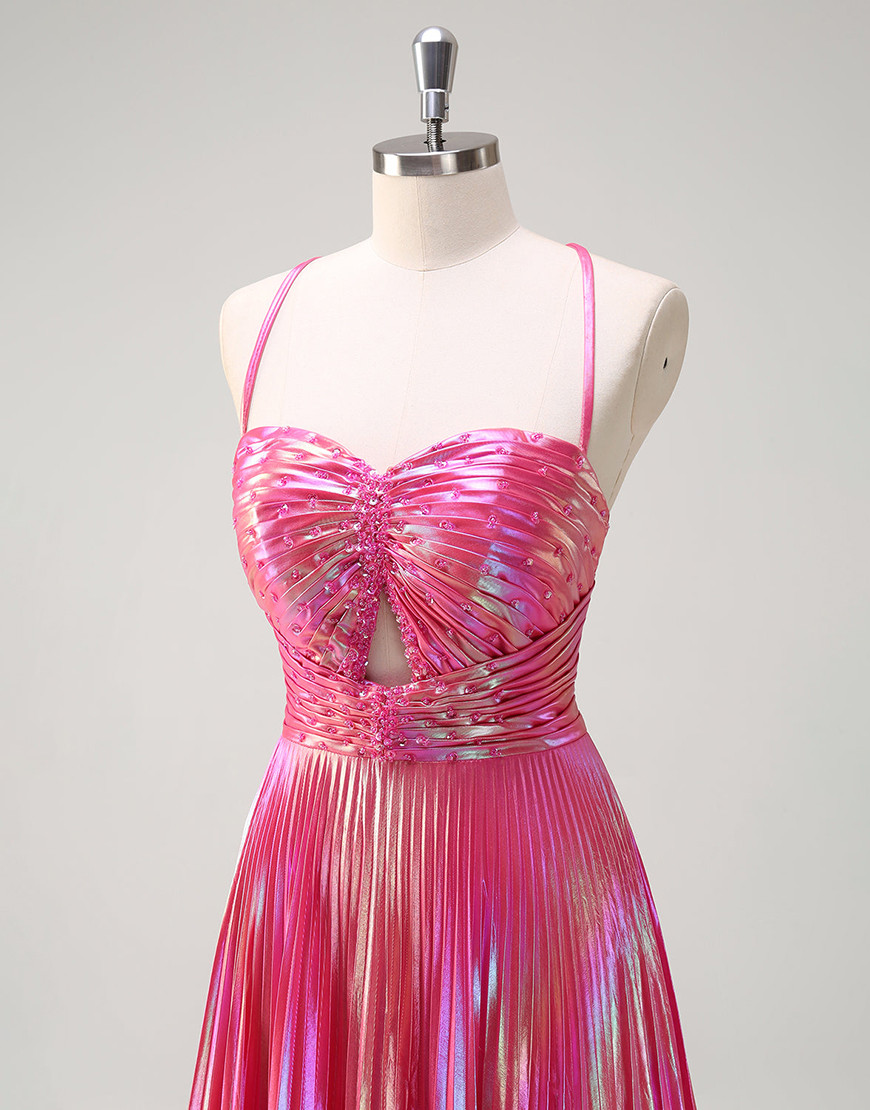 Metallic Blush A-Line Spaghetti Straps Beaded Ruched Hollow Out Long Prom Dress with Slit