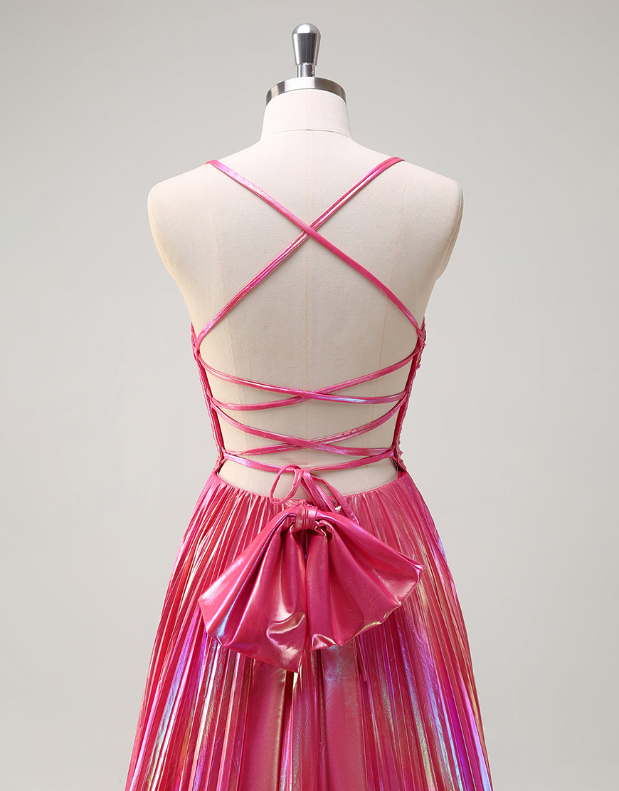 Metallic Blush A-Line Spaghetti Straps Beaded Ruched Hollow Out Long Prom Dress with Slit