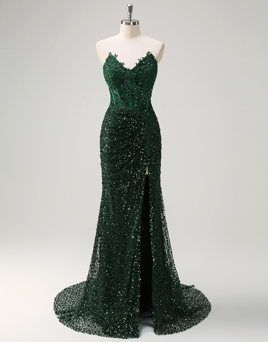 Sparkly Dark Green Mermaid Strapless Corset Sequins Ruched Long Prom Dress with Slit