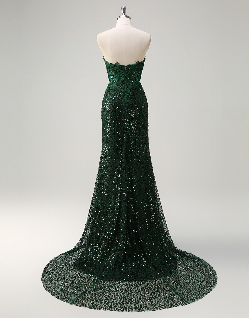 Sparkly Dark Green Mermaid Strapless Corset Sequins Ruched Long Prom Dress with Slit