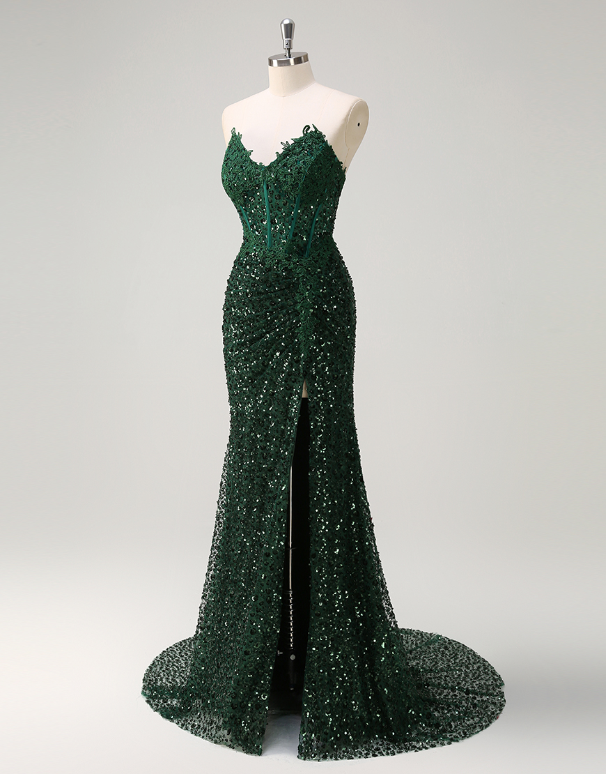 Sparkly Dark Green Mermaid Strapless Corset Sequins Ruched Long Prom Dress with Slit