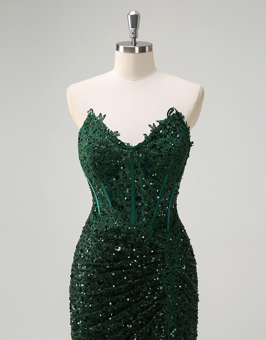 Sparkly Dark Green Mermaid Strapless Corset Sequins Ruched Long Prom Dress with Slit