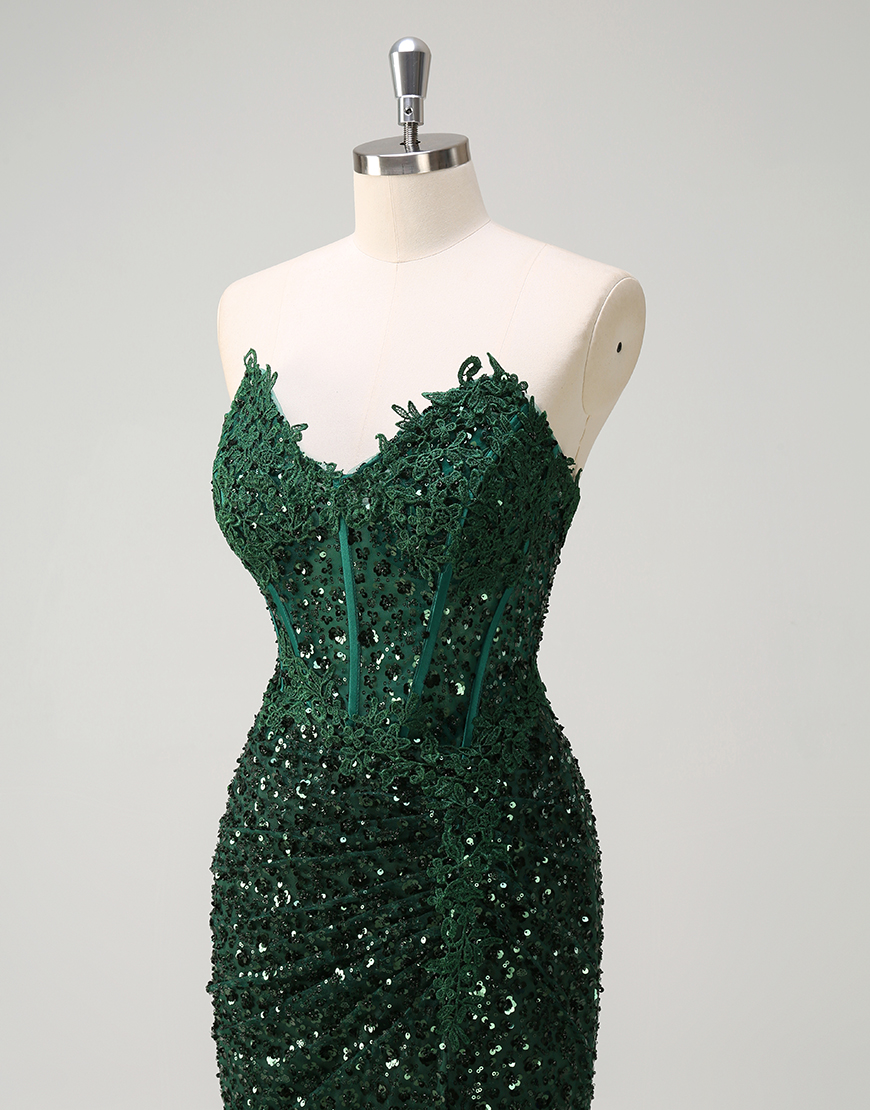 Sparkly Dark Green Mermaid Strapless Corset Sequins Ruched Long Prom Dress with Slit