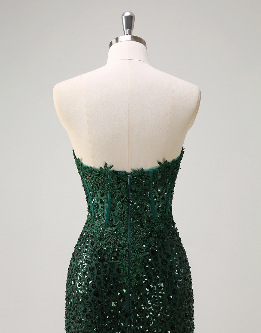 Sparkly Dark Green Mermaid Strapless Corset Sequins Ruched Long Prom Dress with Slit