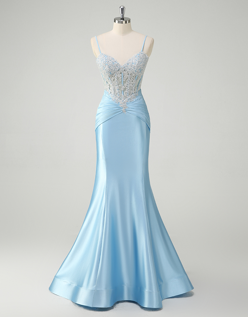 Sparkly Blue Mermaid Spaghetti Straps Long Prom Dress with Sequined Appliques 