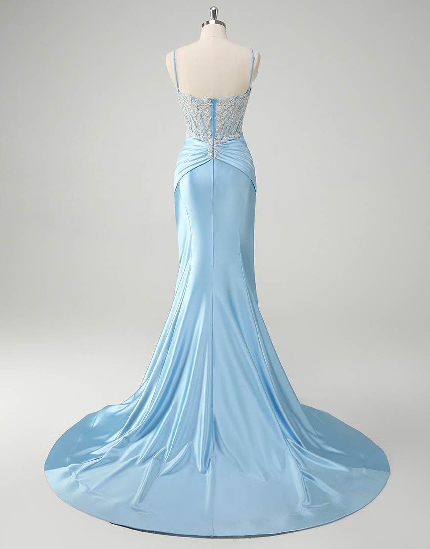 Sparkly Blue Mermaid Spaghetti Straps Long Prom Dress with Sequined Appliques 