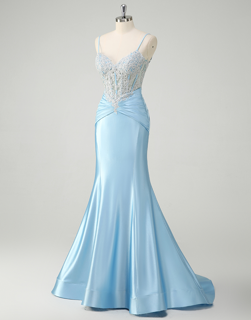 Sparkly Blue Mermaid Spaghetti Straps Long Prom Dress with Sequined Appliques 