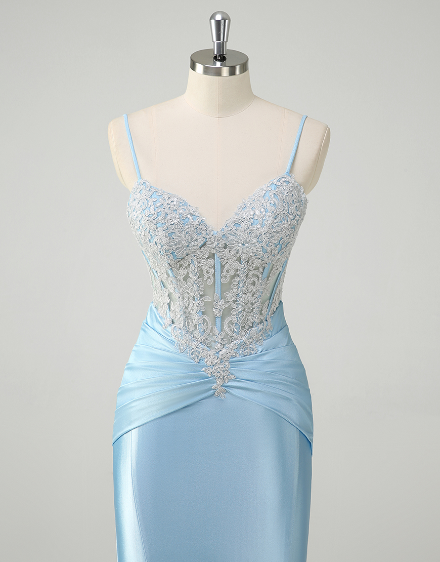 Sparkly Blue Mermaid Spaghetti Straps Long Prom Dress with Sequined Appliques 