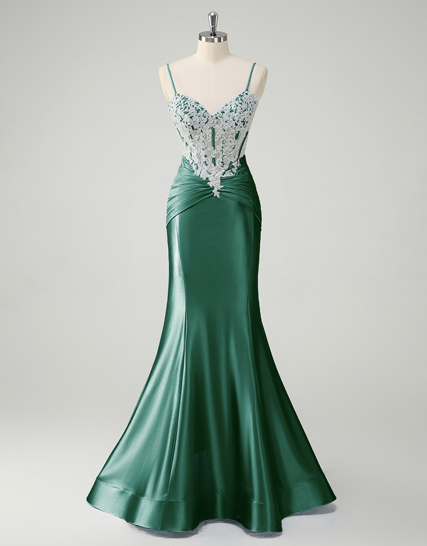 Sparkly Blue Mermaid Spaghetti Straps Long Prom Dress with Sequined Appliques 