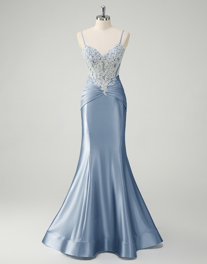 Sparkly Blue Mermaid Spaghetti Straps Long Prom Dress with Sequined Appliques 