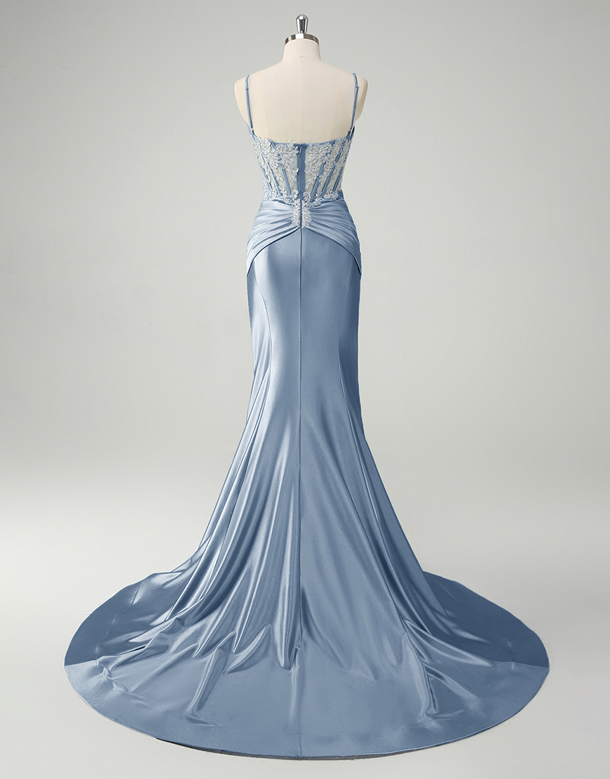 Sparkly Blue Mermaid Spaghetti Straps Long Prom Dress with Sequined Appliques 