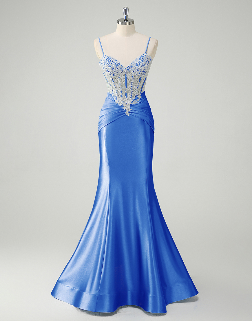 Sparkly Blue Mermaid Spaghetti Straps Long Prom Dress with Sequined Appliques 
