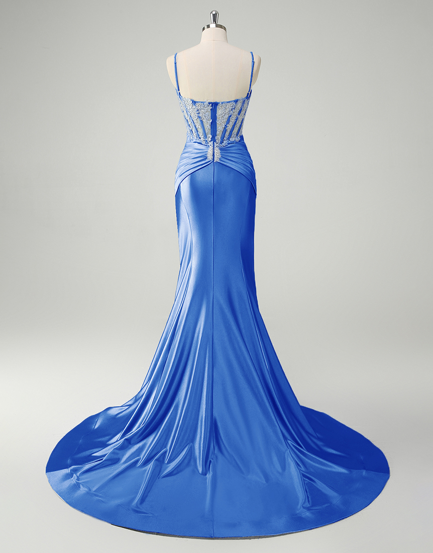 Sparkly Blue Mermaid Spaghetti Straps Long Prom Dress with Sequined Appliques 