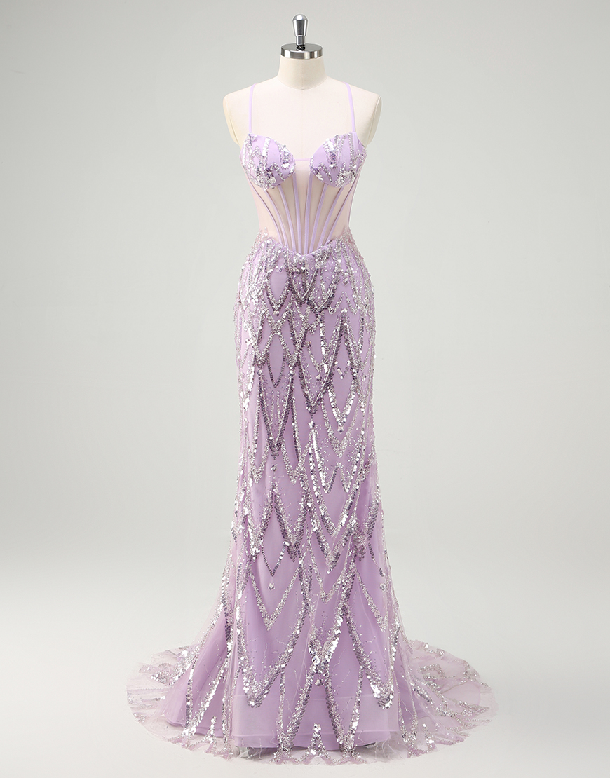 Sparkly Lilac Mermaid Spaghetti Straps Sequined Long Prom Dress with Criss Cross Back