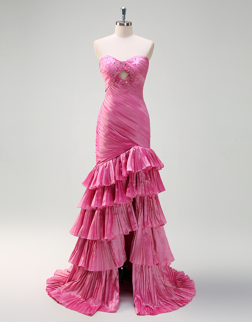 Sparkly Fuchsia A-Line Strapless Corset Tiered Pleated Long Prom Dress with Beading