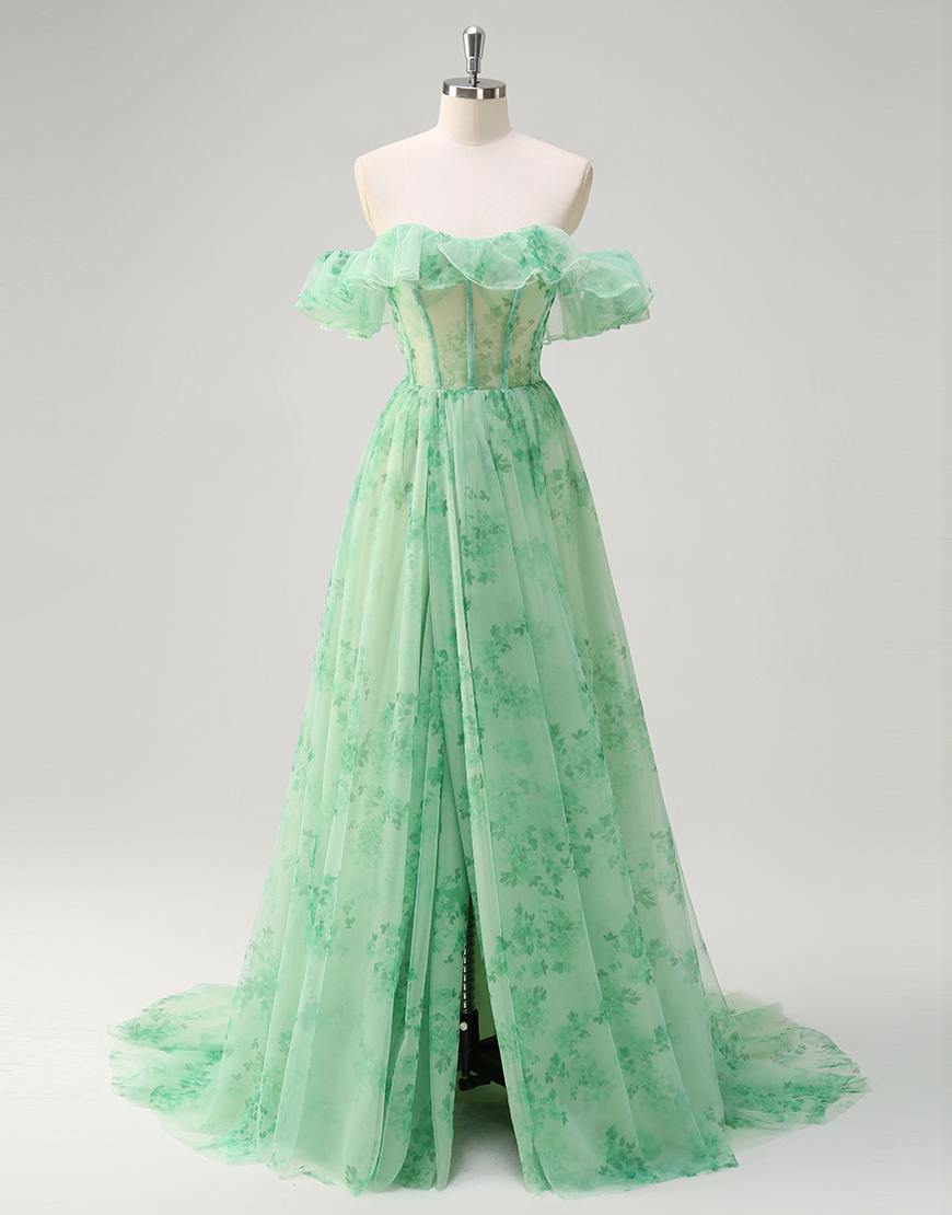 Green A-Line Ruffle Off the Shoulder Corset Floral Tulle Long Prom Dress with Slit