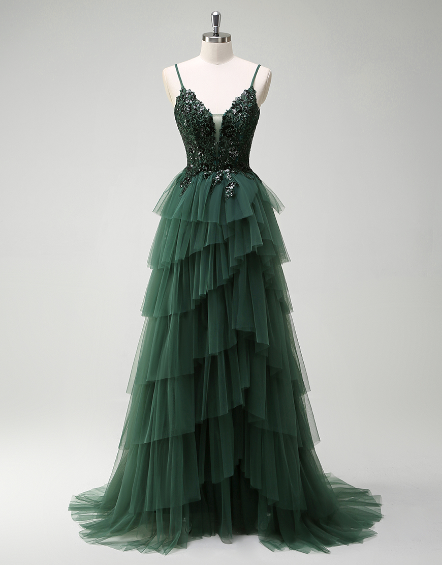 Dark Green A-Line Spaghetti Straps Tiered Tulle Long Prom Dress with Appliques