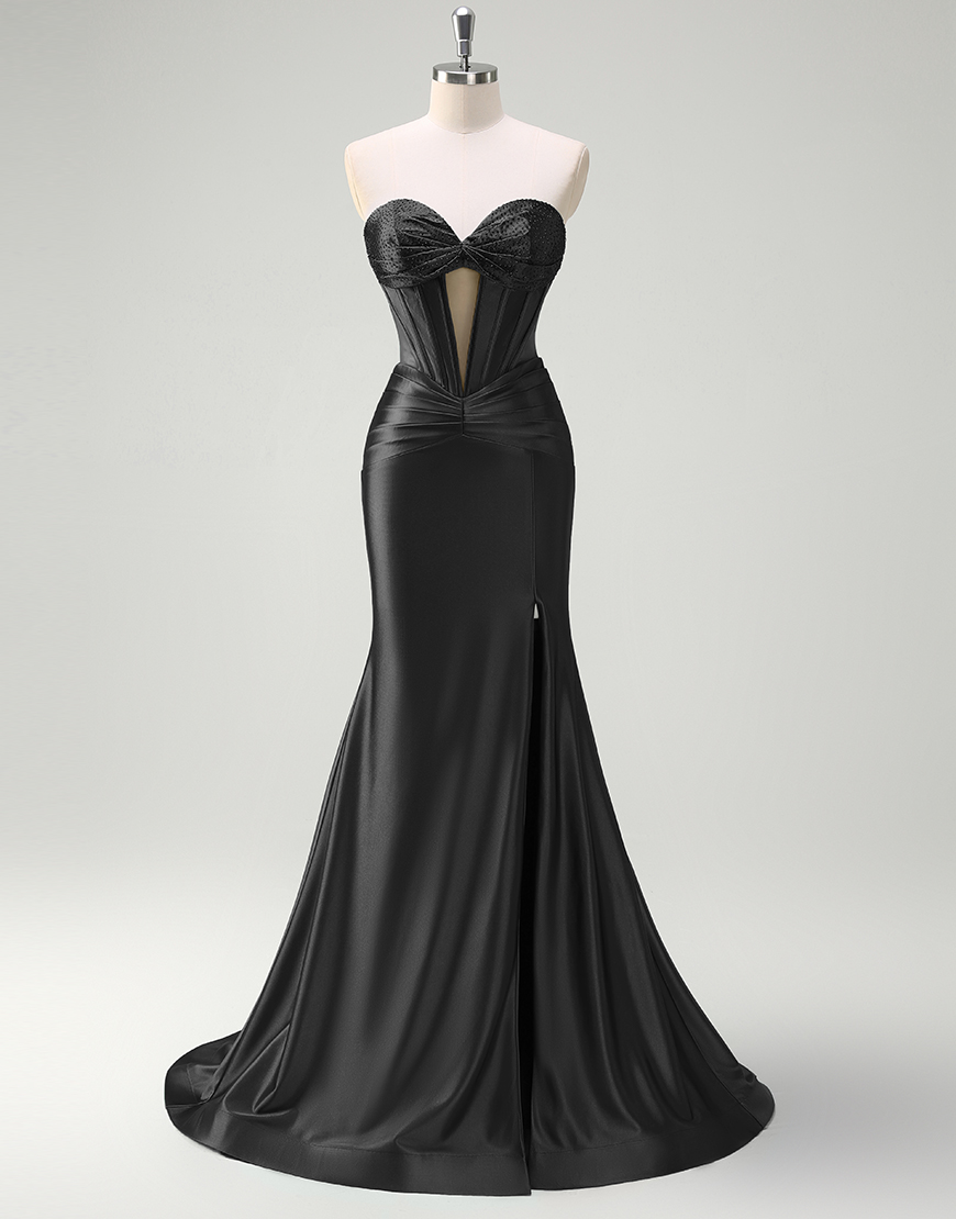 Mermaid Sparkly Dark Green Strapless Corset Satin Long Prom Dress with Slit