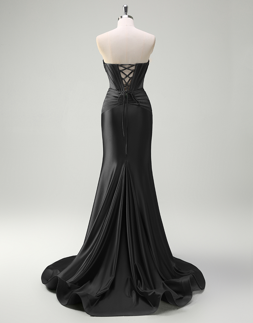 Mermaid Sparkly Dark Green Strapless Corset Satin Long Prom Dress with Slit