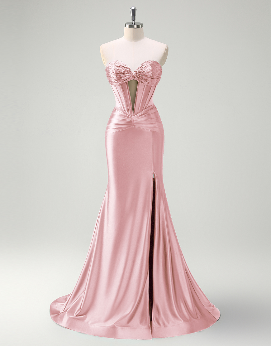 Mermaid Sparkly Dark Green Strapless Corset Satin Long Prom Dress with Slit