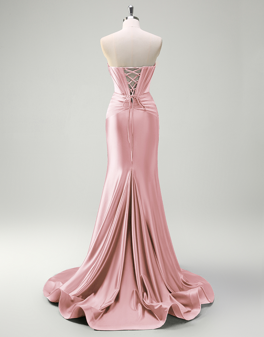 Mermaid Sparkly Dark Green Strapless Corset Satin Long Prom Dress with Slit