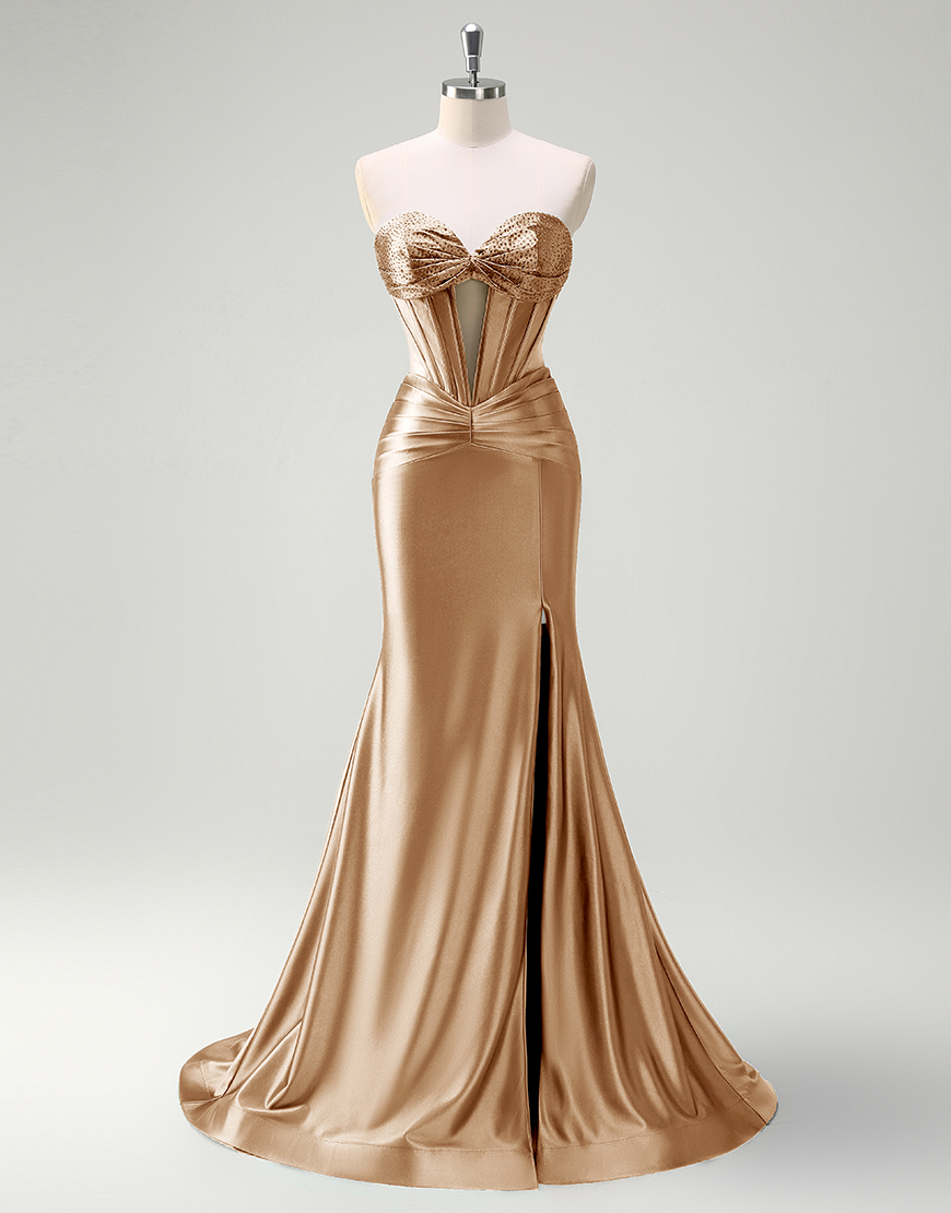 Mermaid Sparkly Dark Green Strapless Corset Satin Long Prom Dress with Slit