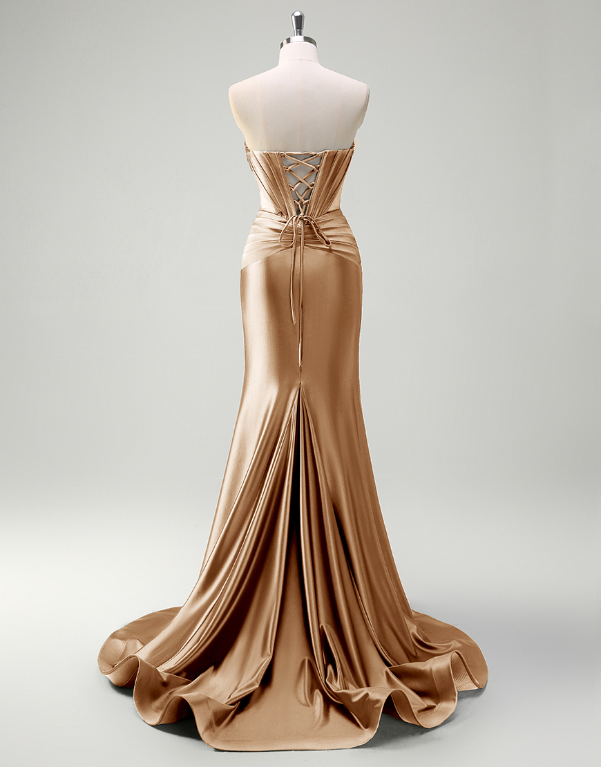 Mermaid Sparkly Dark Green Strapless Corset Satin Long Prom Dress with Slit