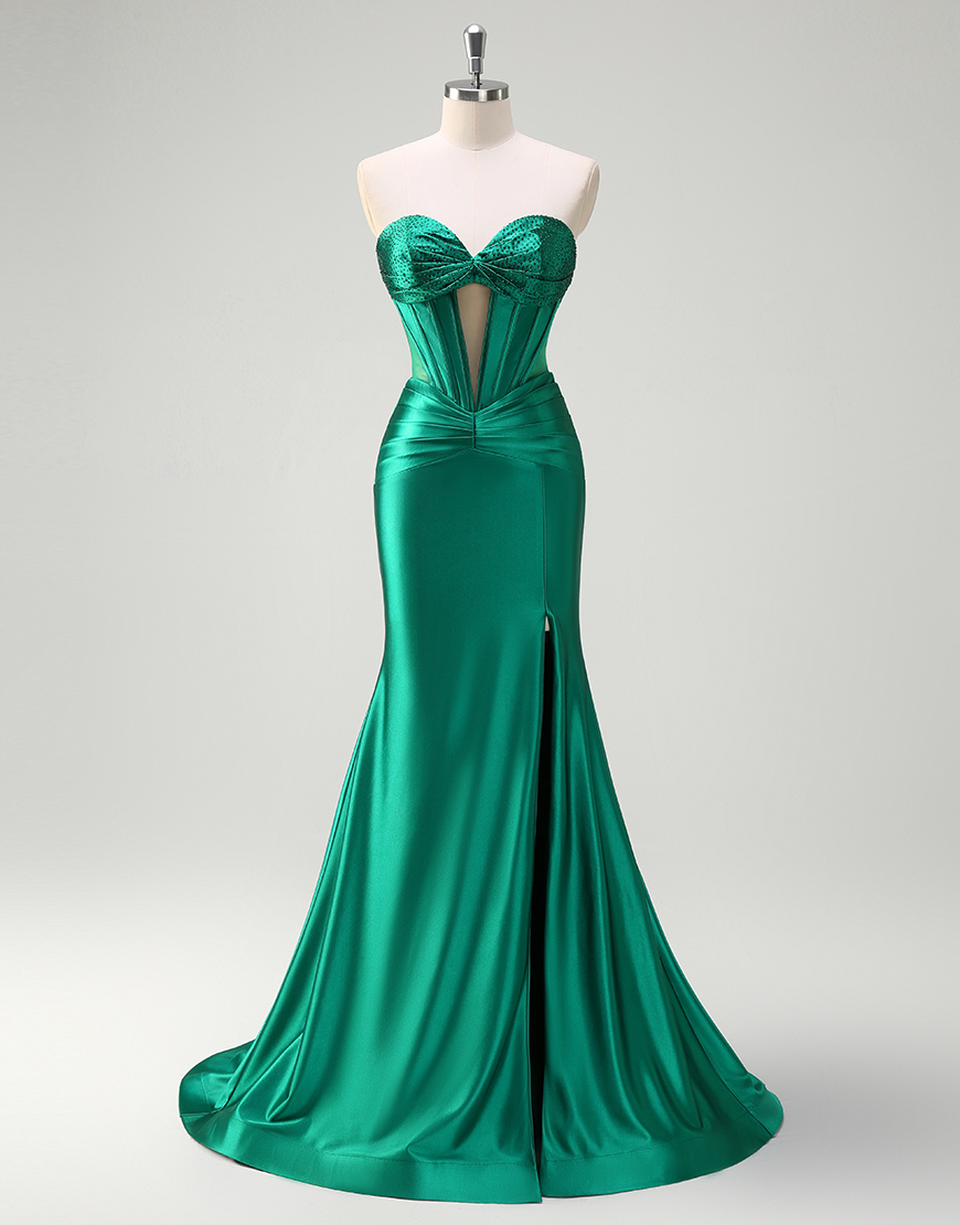 Mermaid Sparkly Dark Green Strapless Corset Satin Long Prom Dress with Slit