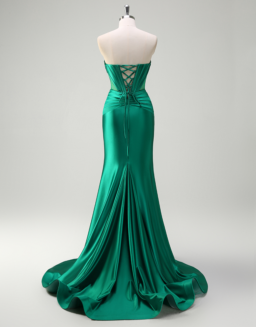 Mermaid Sparkly Dark Green Strapless Corset Satin Long Prom Dress with Slit