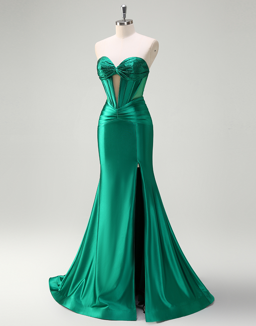 Mermaid Sparkly Dark Green Strapless Corset Satin Long Prom Dress with Slit