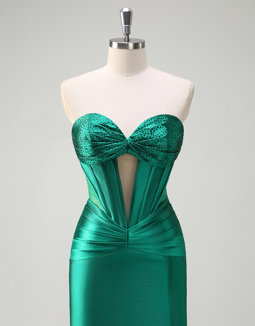 Mermaid Sparkly Dark Green Strapless Corset Satin Long Prom Dress with Slit